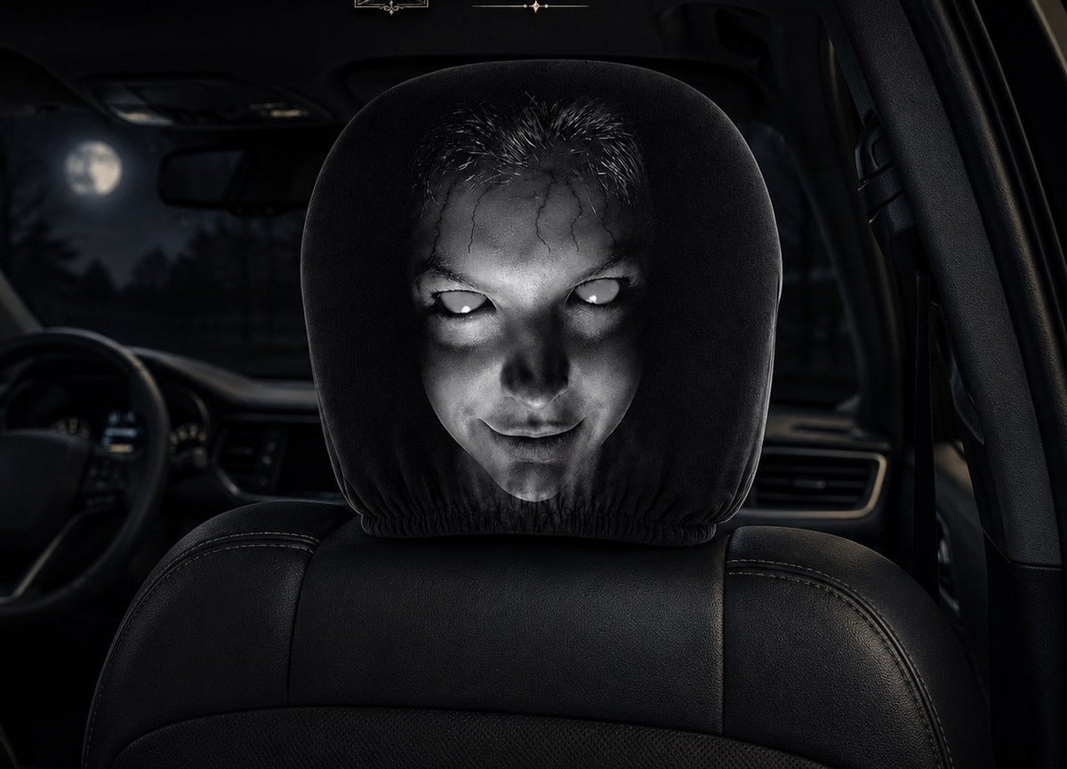 Phantom Passenger sitting smoothly on a car headrest