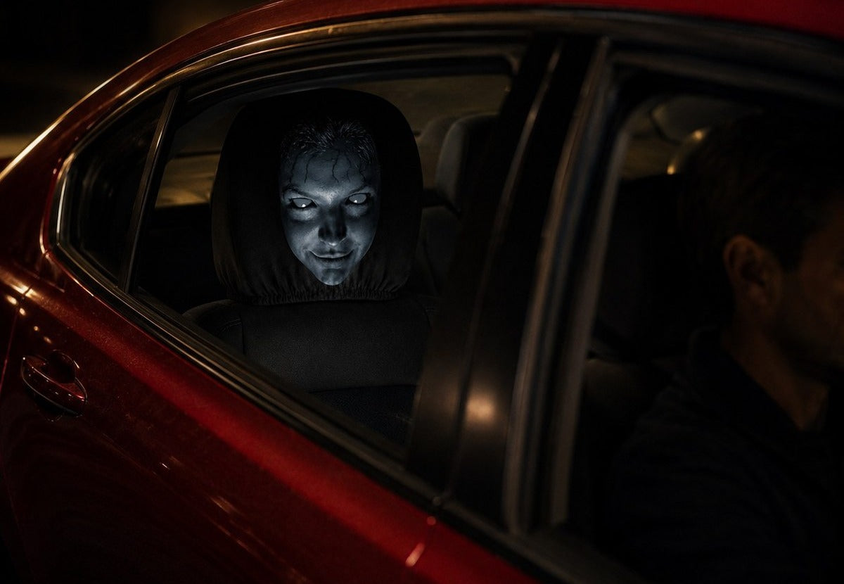 Phantom Passenger seen through a car side window at night